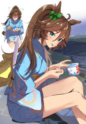 Rule 34 | &gt; &lt;, 1girl, ^^^, animal ears, blue eyes, blue kimono, blush, bow, bracelet, brain freeze, breasts, brown hair, closed mouth, commentary request, cowboy shot, cup, ear bow, ears down, food, green bow, holding, holding cup, horse ears, horse girl, horse tail, horseshoe print, japanese clothes, jewelry, kimono, long hair, long sleeves, looking at viewer, misu kasumi, mr. c.b. (umamusume), multiple views, obi, outdoors, ponytail, river, sash, shaved ice, sitting, small breasts, smile, solo, tail, tongue, tongue out, tracen ondo outfit (umamusume), trembling, umamusume, water, yukata