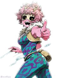 Rule 34 | 10s, 1girl, aiue0, armpit peek, ashido mina, ass, bare shoulders, black sclera, blush, bodysuit, boku no hero academia, breasts, cleavage, colored sclera, colored skin, cowboy shot, cropped jacket, curvy, domino mask, from side, fur trim, highres, hip focus, horns, mask, medium breasts, open mouth, pink hair, pink skin, pouch, short hair, simple background, sleeveless, sleeveless bodysuit, smile, solo, teeth, thighs, thumbs up, twitter username, white background, yellow eyes