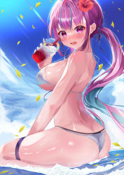 Rule 34 | 1girl, absurdres, asphalt494, ass, bikini, blue hair, blush, breasts, butt crack, colored inner hair, hair ribbon, halterneck, highres, hololive, large breasts, long hair, looking at viewer, median furrow, minato aqua, multicolored hair, open mouth, outdoors, pink hair, purple eyes, purple hair, ribbon, sitting, solo, streaked hair, striped bikini, striped clothes, swimsuit, thigh strap, twintails, two-tone hair, virtual youtuber, wariza