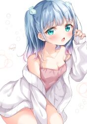 Rule 34 | 1girl, :o, aqua eyes, arm between legs, artist name, blush, breasts, camisole, cleavage, collarbone, cube hair ornament, eyelashes, feet out of frame, gradient hair, grey hair, hair ornament, hand to head, hand up, highres, long sleeves, looking at viewer, medium hair, multicolored hair, off shoulder, open mouth, open sweater, original, pink camisole, pink hair, simple background, sleeves past wrists, small breasts, solo, sugutsuka rerun, sweater, tongue, twintails, white background, white sweater