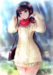 Rule 34 | 1girl, aqua eyes, artist name, artist request, bag, bare legs, black hair, blunt bangs, breasts, female focus, flower wreath, green eyes, handbag, head wreath, highres, kurosawa dia, light brown sweater, long hair, long sleeves, looking at viewer, love live!, love live! sunshine!!, mole, mole under mouth, outdoors, red scarf, scarf, shoulder bag, small breasts, solo, sunlight, sweater, white sweater
