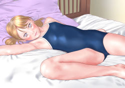 Rule 34 | 1girl, bed, blonde hair, blue eyes, blue one-piece swimsuit, breasts, flat chest, highres, idol, ieame-sama, looking at viewer, lying, model, on bed, one-piece swimsuit, small breasts, solo, swimsuit, tagme