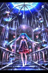 Rule 34 | 1girl, bare arms, bare shoulders, barefoot, collarbone, dome, dress, full moon, hair ornament, hatsune miku, highres, letterboxed, light particles, long hair, looking at viewer, moon, night, orb, red footwear, revision, ryosios, shirt, shoes, unworn shoes, skirt, sky, sleeveless, sleeveless dress, solo, stairs, star (sky), starry sky, twintails, very long hair, vocaloid