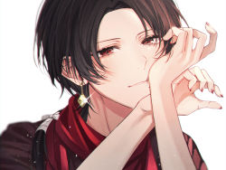 Rule 34 | 1boy, absurdres, brown hair, earrings, hand on own cheek, hand on own face, head rest, highres, huge filesize, jewelry, kashuu kiyomitsu, male focus, mole, mole under mouth, nail polish, ponytail, red eyes, red nails, red scarf, scarf, smile, sparkle, touken ranbu, upper body, yonemaru