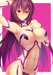 Rule 34 | 1girl, arm up, armpits, black tape project, blush, breasts, cleavage, closed mouth, collarbone, commentary request, emanon123, embarrassed, eyes visible through hair, fate/grand order, fate (series), female focus, frown, hair between eyes, hand on own chest, hand up, highres, large breasts, long hair, looking at viewer, naked tape, navel, nude, purple background, purple hair, red eyes, scathach (fate), shy, standing, tape, tattoo, type-moon