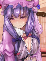 Rule 34 | 1girl, blush, book, breasts, capelet, chair, cleavage, cleavage reach, covered erect nipples, hanging breasts, highres, hoshara, library, light purple hair, long hair, looking at viewer, naughty face, patchouli knowledge, purple eyes, serious, smile, solo, sweat, touhou