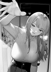 Rule 34 | 1girl, blush, breasts, foreshortening, greyscale, head tilt, heart, heart-shaped pupils, highres, ice reizou, incoming headpat, indoors, large breasts, long hair, looking at viewer, mole, mole under eye, monochrome, motion blur, original, reed diffuser, ribbed sweater, smile, solo, steam, straight hair, sweater, symbol-shaped pupils