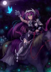 Rule 34 | 1girl, armor, arrow (projectile), belt, boots, bow (weapon), breastplate, bush, dress, fairy, full moon, garter straps, gloves, gradient background, green eyes, hairband, highres, horse, horseback riding, leone (sennen sensou aigis), long hair, moon, necktie, night, purple hair, quiver, riding, sennen sensou aigis, short twintails, shoulder pads, sketch, solo, thigh boots, thighhighs, twintails, two side up, usuki (graygreed), vambraces, very long hair, weapon