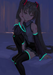 Rule 34 | 1girl, aqua eyes, aqua hair, artist name, black thighhighs, detached sleeves, female focus, fkey, frills, hatsune miku, highres, long hair, looking at viewer, necktie, skirt, smile, solo, thighhighs, twintails, very long hair, vest, vocaloid
