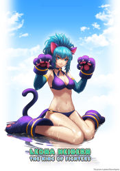 Rule 34 | 1girl, animal ears, bikini, blue eyes, blue hair, breasts, brown eyes, cat ears, earrings, embarrassed, emmental void, gloves, highres, jewelry, large breasts, leona heidern, long hair, looking at viewer, navel, ponytail, simple background, snk heroines: tag team frenzy, solo, swimsuit, the king of fighters, white background