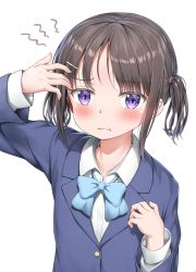 Rule 34 | 1girl, :t, arm up, blazer, blue bow, blue jacket, blush, bow, brown hair, closed mouth, collared shirt, commentary request, jacket, long sleeves, nedia (nedia region), original, parted bangs, pout, purple eyes, shirt, short twintails, simple background, solo, twintails, upper body, white background, white shirt