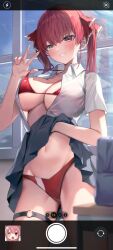 Rule 34 | 1girl, bikini, bikini under clothes, blush, bow, breasts, cleavage, clothes lift, hair bow, hair ornament, heterochromia, highres, hololive, houshou marine, indoors, large breasts, lifting own clothes, long hair, looking at viewer, navel, open clothes, open shirt, red eyes, shuvi (shuvi1125), skirt, skirt lift, smile, solo, swimsuit, thigh strap, twintails, uniform, v, viewfinder, virtual youtuber, yellow eyes