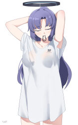 Rule 34 | 1girl, absurdres, adjusting hair, arms behind head, arms up, blue archive, blush, breasts, closed eyes, collarbone, cow, halo, highres, large breasts, long hair, mouth hold, oversized clothes, oversized shirt, purple hair, rubber band, see-through silhouette, shirt, simple background, solo, tomid, very long hair, white background, white shirt, yuuka (blue archive)