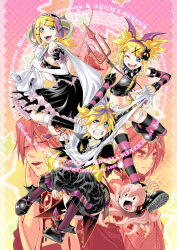 Rule 34 | 3boys, 3girls, bat wings, blonde hair, blue eyes, boots, bow, fang, finger to mouth, hair bow, hatsune miku, head wings, highres, horns, kagamine len, kagamine rin, kaito (vocaloid), kamui gakupo, kitano tomotoshi, megurine luka, meiko (vocaloid), multiple boys, multiple girls, one eye closed, open mouth, pink hair, pointy ears, pretty panties akuma rin (vocaloid), striped clothes, striped legwear, striped thighhighs, takoluka, thighhighs, tongue, vocaloid, wings, wink