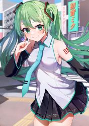 Rule 34 | 1girl, absurdres, aqua eyes, aqua hair, bare shoulders, black skirt, blush, detached sleeves, hair ornament, hand on own face, hatsune miku, highres, long hair, looking at viewer, necktie, number tattoo, shoulder tattoo, skirt, smile, tactile paving, tattoo, twintails, very long hair, vocaloid, yb suika