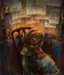 Rule 34 | 1girl, alice margatroid, alice margatroid (pc-98), blonde hair, blue eyes, capelet, doll, english text, hairband, koto inari, puppet, short hair, solo, touhou