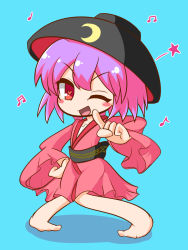 Rule 34 | 1girl, barefoot, black sash, blue background, blush, bowl, bowl hat, commentary request, crescent print, flat chest, full body, hat, heart, heart-shaped pupils, highres, japanese clothes, kajiya no masa, kimono, long sleeves, looking at viewer, musical note, obi, one eye closed, open mouth, pink kimono, purple hair, red eyes, sash, short hair, simple background, smile, solo, standing, star (symbol), sukuna shinmyoumaru, symbol-shaped pupils, touhou, v-shaped eyebrows, wide sleeves