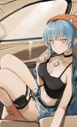 Rule 34 | 1girl, absurdres, bare arms, bare shoulders, belt, belt buckle, black belt, black camisole, black survival, blue hair, blue jacket, breasts, buckle, camisole, car interior, character request, cleavage, closed mouth, denim, denim shorts, dog tags, eternal return: black survival, from side, highres, holster, jacket, jacket on shoulders, knees up, large breasts, looking at viewer, midriff, navel, orange headwear, orange socks, ribbed socks, short hair, short shorts, shorts, socks, solo, syhan, symbol-shaped pupils, thigh holster, thighs, yellow eyes