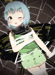 Rule 34 | 1girl, antennae, bad id, bad pixiv id, bdsm, blue hair, blush, bondage, bound, brown background, brown eyes, butterfly wings, commentary request, crying, dress, dutch angle, eternity larva, green dress, insect wings, leaf, leaf on head, light blue hair, one eye closed, open mouth, poco (zdrq3), short hair, short sleeves, silk, spider web, touhou, wings