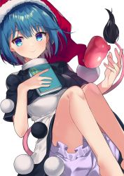 Rule 34 | 1girl, bare arms, black capelet, black dress, blob, bloomers, blue eyes, blue hair, blush, book, bookmark, breasts, capelet, closed mouth, commentary, crescent moon, doremy sweet, dream soul, dress, eyelashes, fingernails, from side, hat, highres, holding, holding book, looking at viewer, md5 mismatch, medium breasts, moon, multicolored clothes, multicolored dress, night, night sky, nightcap, pom pom (clothes), red hat, resolution mismatch, sakaki (utigi), short hair, simple background, sky, smile, solo, source larger, star (symbol), tail, tapir tail, touhou, underwear, white background, white dress