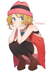 Rule 34 | 1girl, black thighhighs, blue eyes, boots, brown footwear, brown hair, character name, creatures (company), dress, eyebrows, game freak, hat, nintendo, pokemon, pokemon (anime), pokemon xy (anime), ribbon, serena (pokemon), short hair, simple background, solo, thighhighs, unapoppo, white background