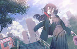 Rule 34 | 1girl, bag, black jacket, black shirt, black skirt, blue sky, brown hair, building, cityscape, closed mouth, cloud, cloudy sky, cowboy shot, day, earrings, floating hair, food, fruit, grass, high-waist skirt, highres, holding, holding bag, holding food, holding fruit, jacket, jewelry, koh rd, lamppost, light particles, long hair, long skirt, long sleeves, looking to the side, nail polish, open clothes, open jacket, original, outdoors, pendant, plastic bag, pleated skirt, railing, red eyes, red nails, scenery, shirt, shirt tucked in, sidelocks, skirt, sky, skyscraper, smile, solo, stairs, stick, straight hair, strawberry, tree