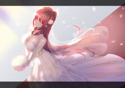Rule 34 | 1girl, bare shoulders, bouquet, breasts, bridal veil, bride, cleavage, commentary request, dress, elbow gloves, flower, gloves, grin, hair flower, hair ornament, kousaka tamaki, large breasts, letterboxed, long hair, looking at viewer, nakajima kotoko, red hair, smile, solo, teeth, to heart (series), to heart 2, veil, very long hair, wedding dress, white dress, white gloves, yellow eyes