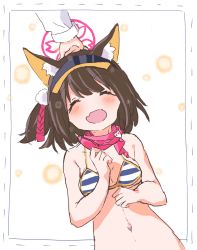 Rule 34 | 1boy, 1girl, animal ears, blue archive, blue one-piece swimsuit, blush, brown hair, closed eyes, animal ear fluff, exposed chest, fang, fox ears, fox mask, halo, hat, hazuki, headpat, highres, izuna (blue archive), mask, navel, one-piece swimsuit, sensei (blue archive), simple background, smile, swimsuit, white background