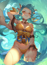 Rule 34 | 1girl, arm up, artist name, blush, dragon horns, fate/grand order, fate (series), floating hair, horns, kiyohime (fate), kiyohime (swimsuit lancer) (first ascension) (fate), long hair, multiple horns, open mouth, orange eyes, orange sekaii, panties, partially submerged, smile, solo, underwear, water, yellow panties