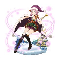 Rule 34 | 1girl, ;d, argyle clothes, argyle shorts, bell, black footwear, boots, box, breasts, cape, christmas, christmas tree, cleavage, full body, fur trim, gift, gift box, grin, hair ornament, hairclip, hat, holding, holding bell, layered, lisbeth (sao), one eye closed, open mouth, outstretched arm, pink eyes, pink hair, purple cape, purple hat, purple shorts, red ribbon, ribbon, santa hat, short hair with long locks, short shorts, shorts, sidelocks, simple background, small breasts, smile, snowflakes, snowman, solo, star (symbol), sword art online, thigh boots, thighhighs, white background, wrist cuffs