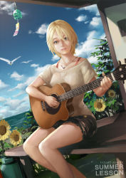 Rule 34 | 1girl, acoustic guitar, bird, blonde hair, cloud, day, dutch angle, english text, flower, grey eyes, guitar, hengct, instrument, jewelry, looking at viewer, music, necklace, ocean, original, playing instrument, seagull, short hair, shorts, sitting, sky, solo, summer, sunflower, table, wind chime