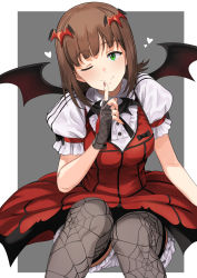 Rule 34 | 1girl, ;), amami haruka, bat hair ornament, bat wings, black bow, bloomers, blush, bow, breasts, brown hair, closed mouth, dress, dress bow, feet out of frame, finger to mouth, fingerless gloves, gloves, green eyes, grey gloves, grey thighhighs, hair ornament, head tilt, heart, highres, idolmaster, idolmaster (classic), index finger raised, invisible chair, large breasts, leaning forward, looking at viewer, my dear vampire, nail polish, one eye closed, print thighhighs, puffy short sleeves, puffy sleeves, red dress, red nails, short hair, short sleeves, sidelocks, sitting, smile, solo, spider web print, thighhighs, tsurui, underwear, wings
