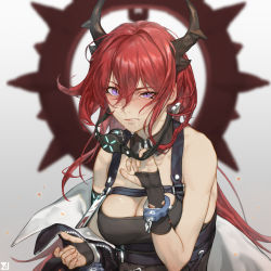 Rule 34 | arknights, ball gag, blush, cuffs, drooling, gag, gagged, handcuffs, highres, horns, long hair, purple eyes, red hair, saliva, saliva trail, second-party source, shackles, solo, surtr (arknights), youzu (youzuyozu)
