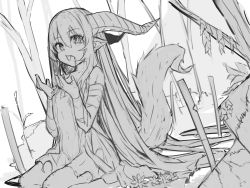 Rule 34 | 1girl, absurdres, bandaged arm, bandages, bare shoulders, barefoot, blood, blood on face, commentary request, curled horns, dress, fang, flower, greyscale, hair between eyes, hands up, highres, horns, long hair, monochrome, original, pointy ears, sitting, solo, tail raised, torn clothes, torn dress, tree, very long hair, wariza, yuuji (yukimimi)