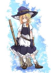 Rule 34 | 1girl, ankle boots, bamboo broom, belt, black gloves, blonde hair, blush, boots, braid, broom, collared shirt, frown, gloves, hat, hat belt, kirisame marisa, looking at viewer, medium skirt, pouch, puffy short sleeves, puffy sleeves, sad, shirt, short hair, short sleeves, side braid, single braid, skirt, skirt set, slouching, socks, solo, suspenders, thick eyebrows, tigern, touhou, utility belt, vest, witch hat, yellow eyes