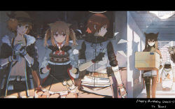 Rule 34 | 5girls, animal, animal ear fluff, animal ears, arknights, belt, bird, black gloves, black jacket, black shorts, blue eyes, blush, blush stickers, box, brown hair, building, cake, candle, chain, closed mouth, collarbone, croissant (arknights), dress, english text, exusiai (arknights), fingerless gloves, food, frilled dress, frills, fruit, fur-trimmed jacket, fur trim, gloves, gold necklace, green eyes, grin, hair between eyes, hair ornament, halo, happy birthday, highres, holding, holding box, holding plate, horns, jacket, jewelry, lappland (arknights), letterboxed, light brown hair, lococo:p, long hair, medium hair, multiple girls, navel, necklace, necktie, ok sign, open clothes, open jacket, open mouth, orange eyes, outdoors, pantyhose, parted lips, penguin, penguin logistics (arknights), plate, red eyes, red hair, red neckwear, reflection, short hair, shorts, sketch, sleeves rolled up, smile, sora (arknights), strawberry, sunglasses, sweat, texas (arknights), thigh strap, turtleneck, twintails, walking, white gloves, window