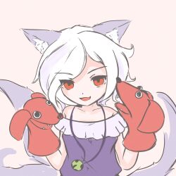 Rule 34 | 1girl, absurdres, animal ears, dog ears, dog tail, hand puppet, highres, jewelry, kokowoch, mitsugashira enoko, multiple tails, necklace, off shoulder, open mouth, puppet, purple shirt, red eyes, shirt, short hair, short sleeves, smile, solo, swept bangs, tail, touhou, unfinished dream of all living ghost, white hair
