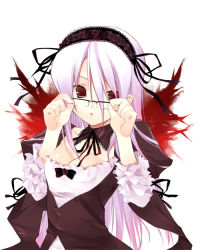 Rule 34 | 00s, 1girl, bespectacled, breasts, cleavage, glasses, gothic lolita, lolita fashion, long hair, medium breasts, oba kagerou, ooba kagerou, red eyes, rozen maiden, silver hair, simple background, solo, suigintou, white background