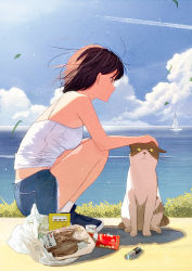 Rule 34 | 1girl, bag, boat, breasts, brown hair, bush, camisole, cat, cloud, commentary, contrail, cutoffs, denim, denim shorts, film grain, fish, from side, groceries, grocery bag, highres, horizon, leaf, light particles, looking to the side, medium breasts, nakamura yukihiro, ocean, original, petting, plastic bag, sailboat, shadow, shoes, shopping bag, short hair, shorts, sky, sneakers, solo, spaghetti strap, squatting, water, watercraft, wind
