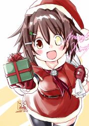 Rule 34 | 1girl, absurdres, box, brown eyes, brown hair, furutaka (kancolle), gift, gloves, glowing, glowing eye, hair ornament, hairclip, heterochromia, highres, kantai collection, kutone shirika, looking at viewer, merry christmas, neckerchief, open mouth, red gloves, red neckerchief, santa costume, santa gloves, short hair, smile, solo, yellow eyes