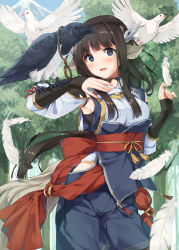Rule 34 | 1girl, ainu clothes, animal, animal ears, animal on arm, aquaplus, arms up, beak, bird, bird on arm, black bird, blue eyes, blue sky, blush, branch, breasts, brown hair, choker, cleavage, cleavage cutout, clothing cutout, cowboy shot, dress, feathered wings, feathers, fingerless gloves, fingernails, flying, gloves, gradient eyes, highres, hip vent, jewelry, large breasts, leaf, leotard, leotard under clothes, light particles, long hair, minagi (utawarerumono), mountain, mountainous horizon, multicolored eyes, necklace, official art, open mouth, outdoors, purple eyes, raised eyebrows, red sash, sash, sideboob, sidelocks, sky, spread wings, tail, tree, unasaka ryou, utawarerumono, utawarerumono: lost flag, utawarerumono: lost flag support illustration relay, very long hair, white bird, wings