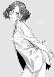 Rule 34 | 1girl, amg (nwmnmllf), artist name, breast pocket, character name, collared shirt, grey background, greyscale, leaning forward, long sleeves, mila babicheva, monochrome, naked shirt, parted lips, pocket, shirt, short hair, signature, simple background, solo, yuri!!! on ice