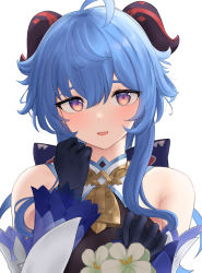 Rule 34 | ahoge, bare shoulders, bell, black gloves, blue hair, blush, bow, breasts, detached sleeves, flower, ganyu (genshin impact), genshin impact, gloves, highres, horns, long hair, looking at viewer, medium breasts, multicolored eyes, n9at, neck bell, pov, qingxin flower, sidelocks, simple background, smile, solo, upper body, white background, white flower, white sleeves