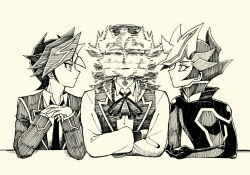 Rule 34 | 3boys, afterimage, ai (yu-gi-oh!), bodysuit, boy sandwich, dual persona, elbows on table, facing another, fujiki yuusaku, gakuran, long sleeves, looking around, multiple boys, own hands together, parody, playmaker, sandwiched, school uniform, short hair, spiked hair, spinning head, the weaker sex 1 (gibson), upper body, yaoi, yu-gi-oh!, yu-gi-oh! vrains, yy06370