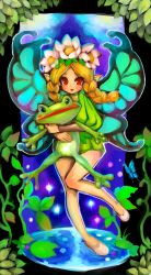 Rule 34 | 1girl, absurdres, blonde hair, blush, braid, butterfly wings, dakusuta, dress, fairy, fantasy, flower, frog, full body, green dress, hair flower, hair ornament, head wreath, highres, holding, insect wings, knees together feet apart, leaf, leg up, long hair, odin sphere, pointy ears, red eyes, smile, standing, twin braids, white flower, wings