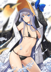 Rule 34 | 1girl, animal costume, artist name, bare shoulders, bikini, bikini under clothes, bird, black bikini, blue bow, blue choker, blue eyes, blush, bow, breasts, choker, closed mouth, collarbone, commentary request, contrapposto, cowboy shot, emperor penguin, fate/grand order, fate (series), long hair, looking at viewer, meltryllis, meltryllis (fate), meltryllis (swimsuit lancer) (fate), meltryllis (swimsuit lancer) (first ascension) (fate), navel, off shoulder, penguin, penguin costume, purple hair, small breasts, solo, splashing, stomach, swimsuit, tyone, v-shaped eyebrows, very long hair, water