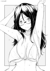 Rule 34 | 1girl, armpits, arms up, bikini, blush, breasts, closed mouth, collarbone, glasses, greyscale, hair between eyes, kichihachi, large breasts, long hair, looking at viewer, monochrome, original, outside border, simple background, solo, swimsuit, tearing up, twitter username, untied bikini, upper body