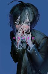 Rule 34 | 1boy, :d, absurdres, ahoge, black hair, black jacket, blood, blood on hands, blue background, blush, buttoned cuffs, buttons, commentary request, danganronpa (series), danganronpa v3: killing harmony, diagonal-striped clothes, diagonal-striped necktie, diagonal-striped neckwear, grey eyes, hair between eyes, hands up, highres, jacket, long sleeves, male focus, necktie, official alternate costume, open clothes, open jacket, open mouth, saihara shuichi, short hair, simple background, smile, solo, striped clothes, striped necktie, striped neckwear, tama rick, upper body