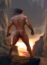 Rule 34 | 1boy, ass, back, bara, cloud, cloudy sky, completely nude, dagger, from behind, from below, full body, highres, holding, holding dagger, holding knife, holding weapon, knife, long hair, looking away, male focus, mountain, muscular, muscular male, nude, ocean, original, penis, penis peek, scenery, sky, solo, standing, sunset, thighs, weapon, woo dun art, wrinkled skin