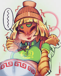 Rule 34 | 1girl, arms (game), beanie, blonde hair, blunt bangs, bowl, breasts, chopsticks, closed mouth, commentary, english commentary, eye mask, facing viewer, foodgasm, hands up, hat, highres, holding, holding chopsticks, loen, medium breasts, medium hair, min min (arms), orange hat, red lips, smile, solo, twitter username, upper body